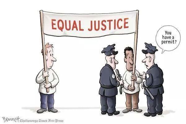 Cartoon of a black and white man holding an "Equal Justice" sign