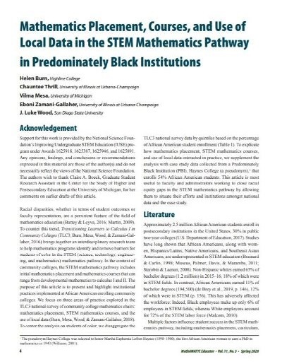 Mathematics Placement Courses and Use of Local Data in the STEM Mathematics Pathway in Predominately Black Institutions article